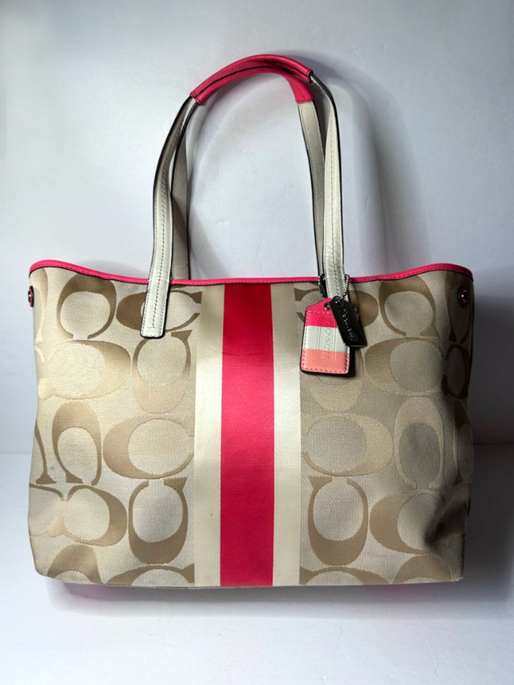 Coach Hamptons Weekend Signature Stripe Khaki Beige Coral Medium Tote #19999